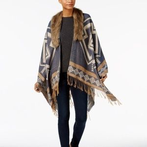 MARCUS ADLER FAUX FUR COLLAR SOUTHWESTERN PONCHO